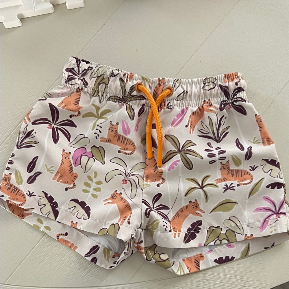 Zara White Tiger Print Swim Trunks with Orange Drawstring